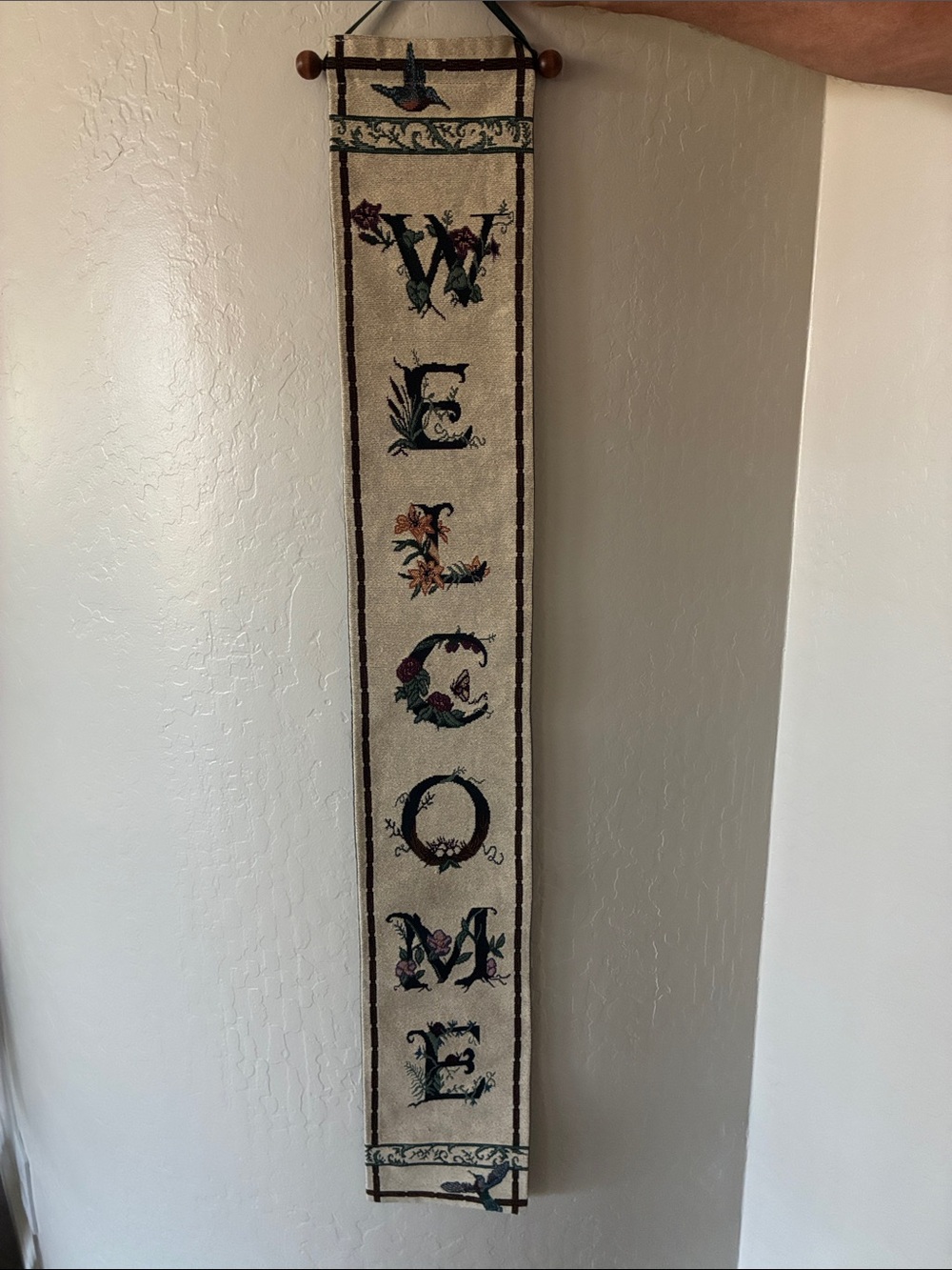 Hummingbird “Welcome” Tapestry Three Bell Artisans Floral Decor